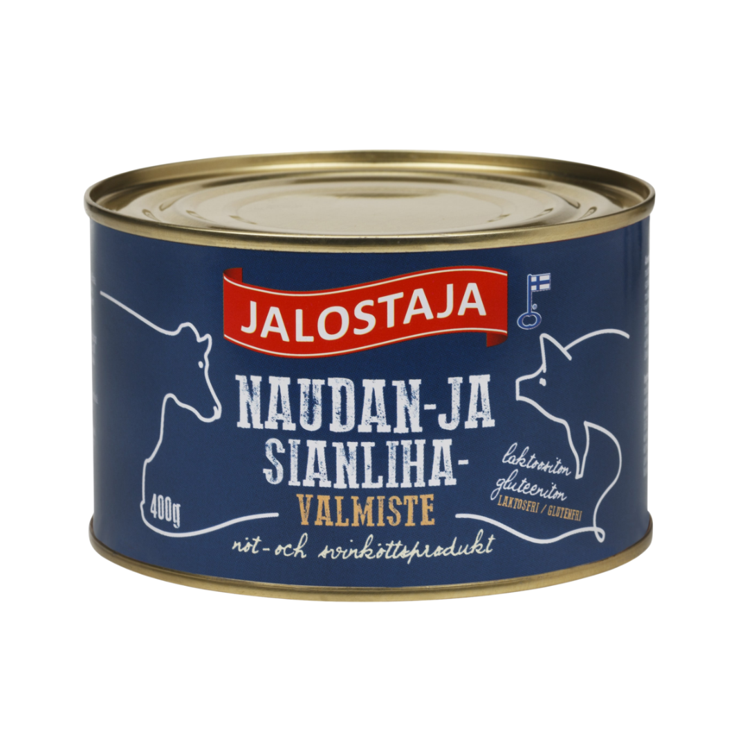 Jalostaja Nöt- och svinköttsprodukt 400 g i burk, finsk färdiglagad köttkonserv för enkel vardagsmat.