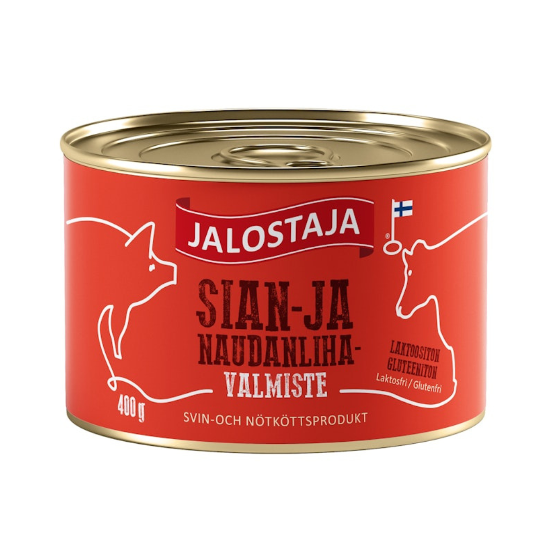 Jalostaja Svin- och nötköttsprodukt 400 g i burk, finsk färdiglagad köttkonserv för vardagsmat.