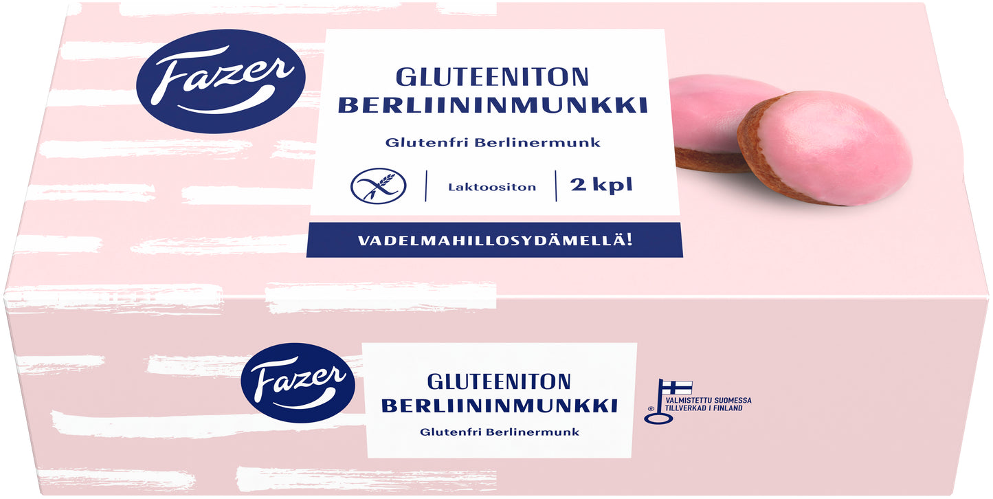 Fazer Glutenfri munk med hallonglasyr i förpackning