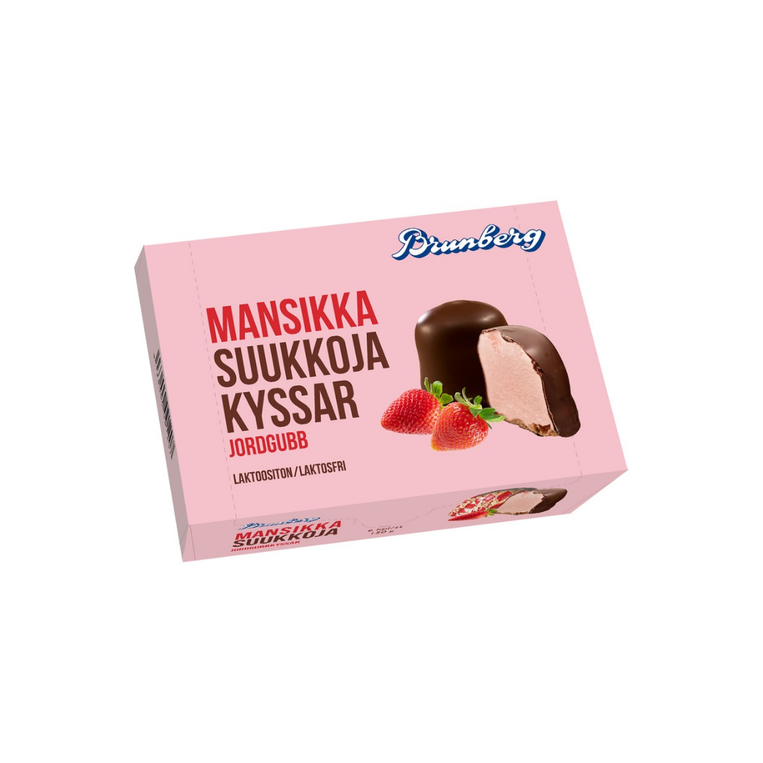 Brunbergs Kyssar Jordgubb 6 st 150 g i förpackning, chokladöverdragna marängpuffar med jordgubbssmak.