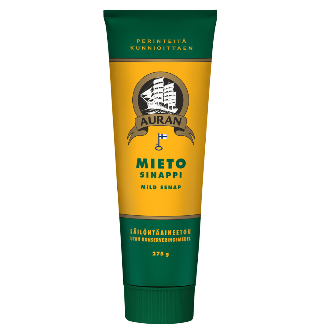 Auran Stor Senap Mild 275 g i originalförpackning, mild finsk senap med rund och mjuk smak.