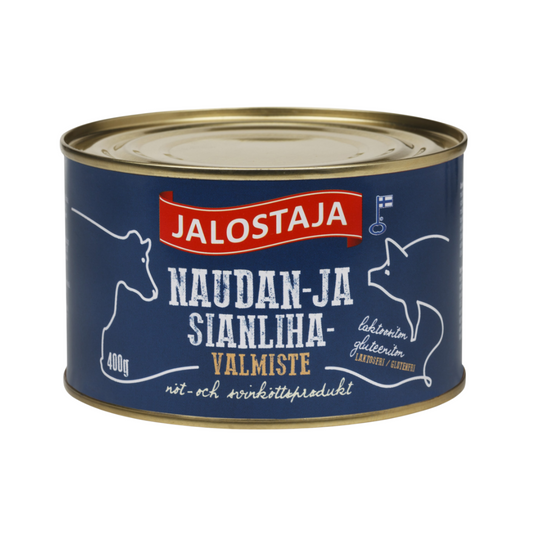 Jalostaja Nöt- och svinköttsprodukt 400 g i burk, finsk färdiglagad köttkonserv för enkel vardagsmat.