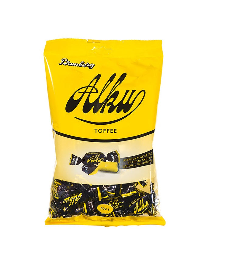 Alku citron och lakrits kola 300 g i förpackning, mjuk kola med frisk citronsmak och mild lakrits.