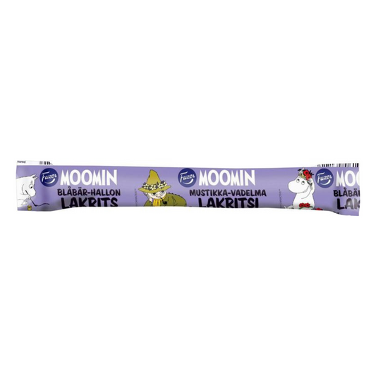 Fazer Moomin blåbär-hallonlakrits 20 g – finsk lakritsstång med en bärsmakande fyllning