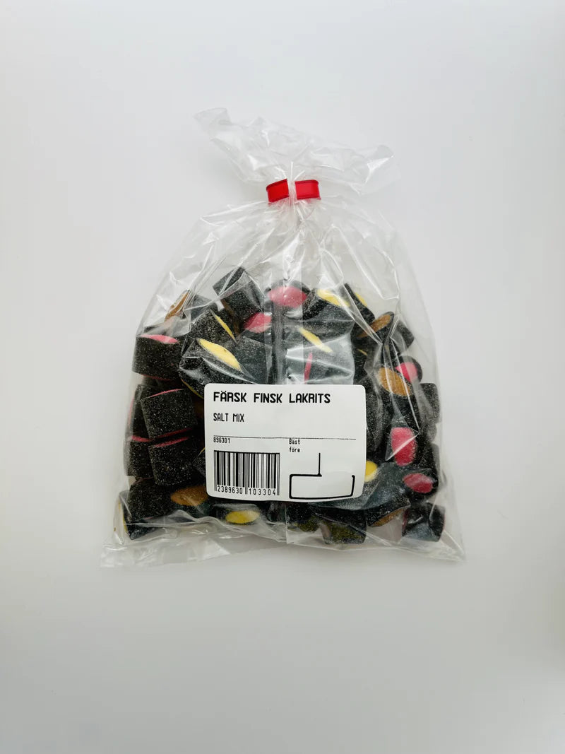 Finsk saltlakrits mix 215 g med varierande färger och tydlig sälta