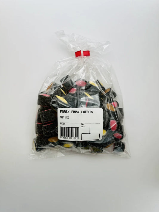 Finsk saltlakrits mix 215 g med varierande färger och tydlig sälta