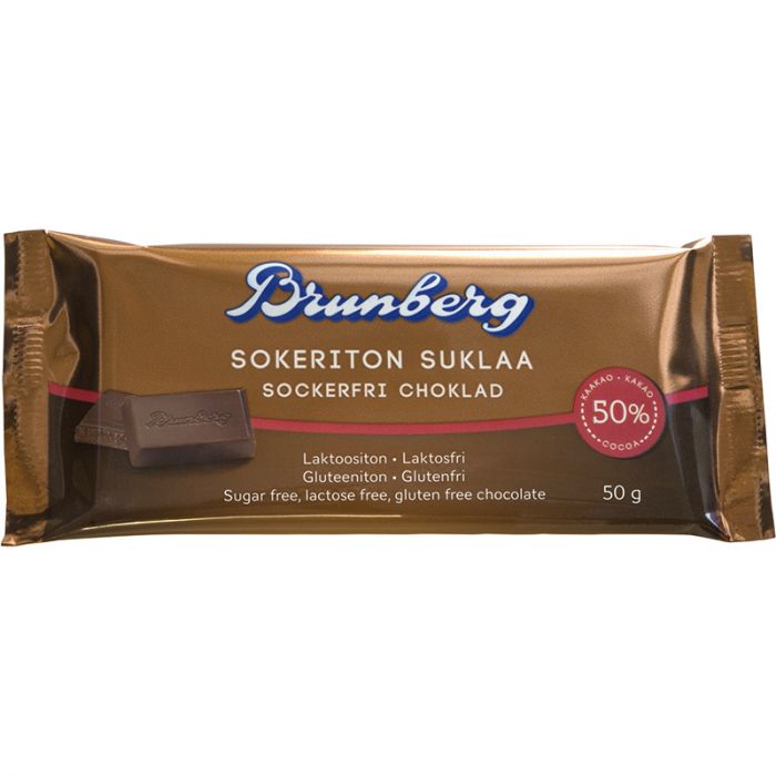Brunberg Sockerfri choklad 50 g i förpackning, sockerfri choklad med rund och balanserad smak.