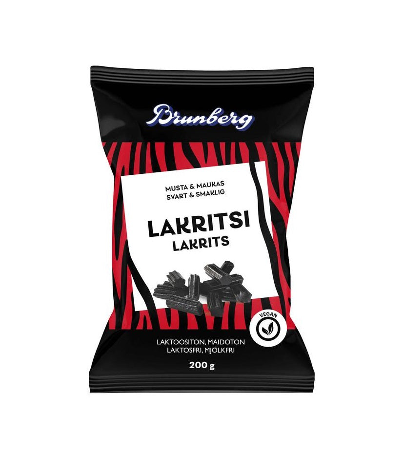 Brunberg Lakrits 200 g i förpackning, klassisk finsk lakrits med tydlig och ren smak.