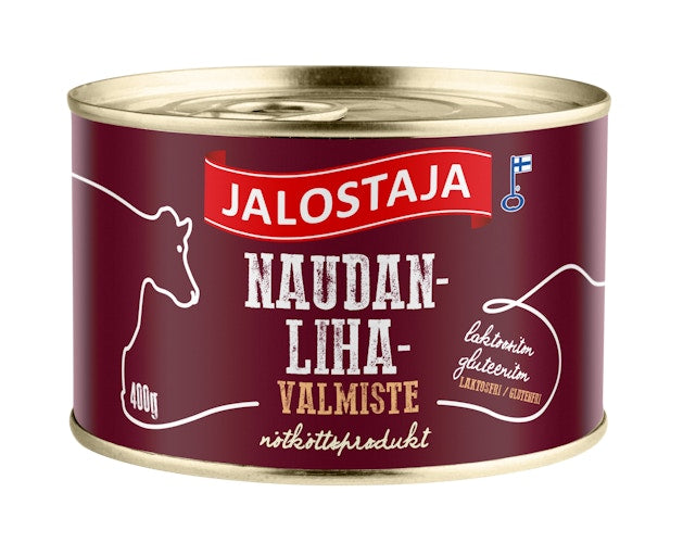 Jalostaja Nötköttsprodukt 400 g i burk, finsk färdiglagad köttkonserv av nötkött för vardagsmat.