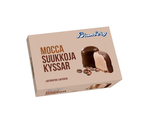 Brunbergs Kyssar Mocca 6 st 150 g i förpackning, chokladöverdragna marängpuffar med choklad smak.